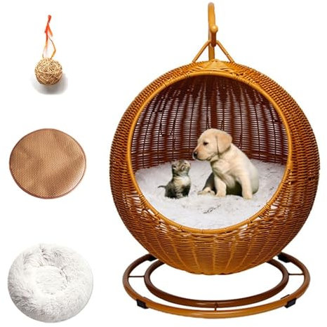 MIAOMI Pet Swing Bed with Stand & Cushion Indoor Outdoor, Egg Chair with Rattan Wicker, Hanging Swinging Hammocks for Cat, Dogs, and Small Animals Bedroom Porch(Brown)