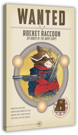 maehbya WANTED: Rocket Racoon Poster, Leinwandposter, Wandkunst, Dekordruck, Bild, Gemälde für Wohnzimmer, Schlafzimmer, Dekoration, 50 x 75 cm