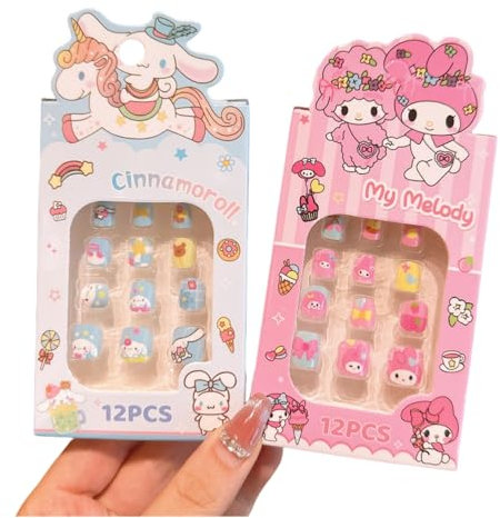 OMEIU Store 24Pcs 2 Pack Children Acrylic Fake Nails Press on Pre-glue Full Cover Glitter Color Rainbow Unicorn Mermaid Kids Stick On False Nail Art Kits Set Girls Birthday Gift (Set 04, One Size)