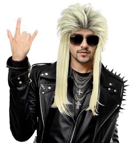 Yuehong Herren Lange Lockige Vokuhila Perücke Blond 70er 80er Disco Perücke | Heavy Metal Punk Perücke mit Hitzebeständigen Synthetischen Fasern