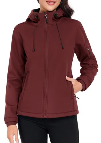 Vancavoo Vestes de Randonnée Femme Veste Softshell Imperméable Coupe-vent Blouson Polaire à Capuche Manteau le Cyclisme pour le Printemps et L'automne,Bordeaux,L