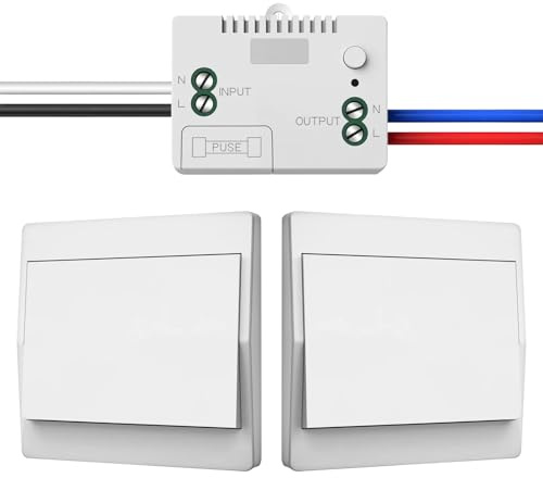 Funk-Lichtschalter 230V Set, Funkschalter–Keine Batterien Erforderlich, Wasserdichter Wandschalter mit Fernbedienung, Einfache Installation, Reichweite bis 200 m (1 Empfänger & 2 Schalttafel)