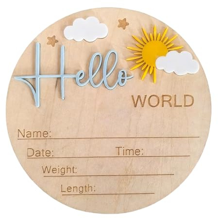 Embhlitfe Wooden Baby Announcement Sign,Hello World Baby Sign Newborn Welcome to the World Signs,Baby Name and Birth Plaque for Home Hospital Nursery Baby Shower Photo Prop (Blue)