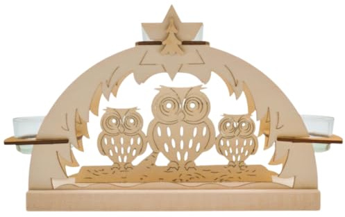 Erzwelt - Teelichtbogen – Holz Teelichthalter – Motiv DREI Eulen | 14 x 20 x 7 – mit 3 Teelichtgläsern – Fenster- & Tischdeko für Weihnachten – Original Erzgebirge Weihnachtsdeko
