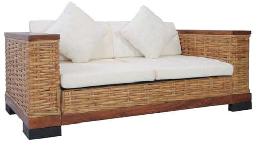 Frdhee Mini Sofa Küchensofa, 2-Sitzer-Sofa mit Auflagen Braun Natur Rattan für Gäste und Alltag