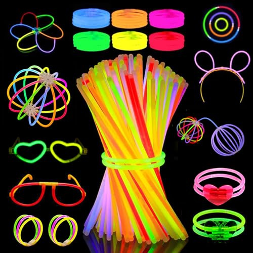 Hoadyush Knicklichter Party Set, 100 Stk Leuchtstäbe + 120 Verbinder & 16 Zubehör, 8 Farben Neon Leuchtarmband Kinder, DIY Armband, Brillen, Deko, Glow Sticks für Festival & Party