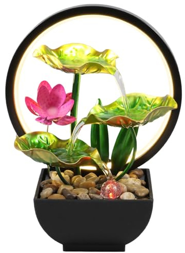 YUNYOUC Tabletop Fountain, 3-Tiers Water Lily Leaf Small Waterfall Fountains, Indoor Water Fountain with Rocks and LED Ring Lights, Desktop Fountains for Home Bedroom Living Room Office Decor(Green)