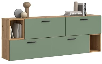 xonox.home – Wohnkombination The One 176x97x34 cm in Artisan Oak und Smoke Green – Wandkombination mit 4 Klappen – 10 Fächer Sorgen für viel Platz & einen modernen Farbtupfer in Ihrem Zuhause
