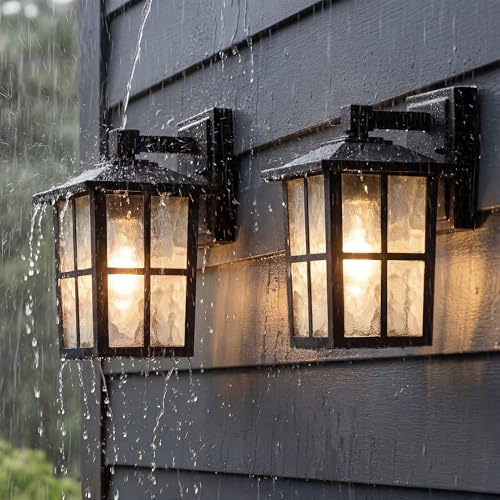 VISDANFO Außenwandleuchten 2er-Set, netzbetrieben, wasserdichte Außenwandleuchte im Laternenstil mit klarem Schirm, Sicherheitsleuchten für Garten, Garage, Patio, Terrasse, Flur Schwarz