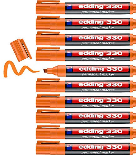 edding 330 permanent marker - orange - 10 pens - chisel tip 1-5 mm - waterproof, quick-drying, smear-proof pens - for cardboard, plastic, glass, wood, metal and fabric