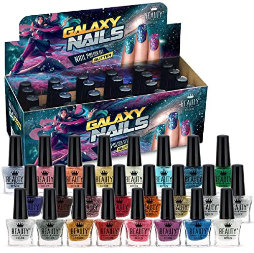Beauty4Britain 24 x Glitter Nail Polish Set 24 Distinctive Shades 6.5 ML Contrasting Gold Caps