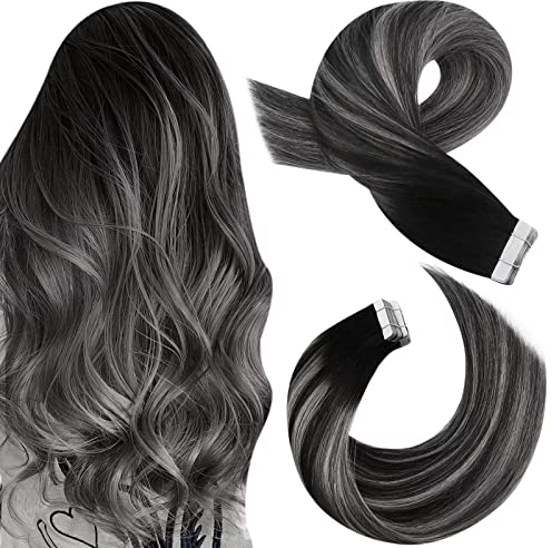 Moresoo Tape in Extensions Echthaar, Invisible Tape Extensions Echthaar Blayage Schwarz Silber Remy Tape in Haarverlängerung Echthaar 45cm 50g #1B/S/1B