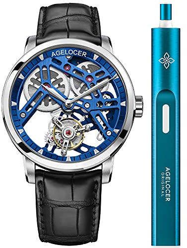 Agelocer Herren-Armbanduhr, doppelseitig, hohl, Tourbillon, handbetrieben, mechanisch, Leder (RI:9004A1), Ri:9004a1, Minimalistisch