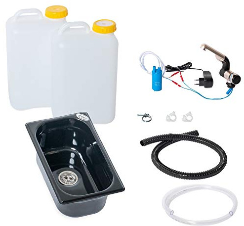 Wasseranlage Imbisswagen Verkaufsanhänger Campingküche 230v Bausatz Spüle schwarz 265x160x100mm schwarz + Wasserhahn Barwig Chrom Wasserkanister 19 Liter (ad-ideen)
