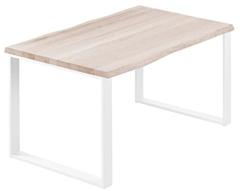 LAMO Manufaktur Esstisch Küchentisch Schreibtisch Couchtisch aus Massivholz, mit Baumkante 120x80x76 cm (AxBxH), Modern, Roh/Weiss, LEB-01-A-001-9016M