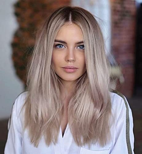 VEBONNY Aschiges Silber Ombré Perücken, Kurze Bob Perücke, Synthetisches Haar, Kurze Gemischte Blonde Braune Haarästhetik, Klebstofffreie Perücken, 12 Zoll VEBONNY-144