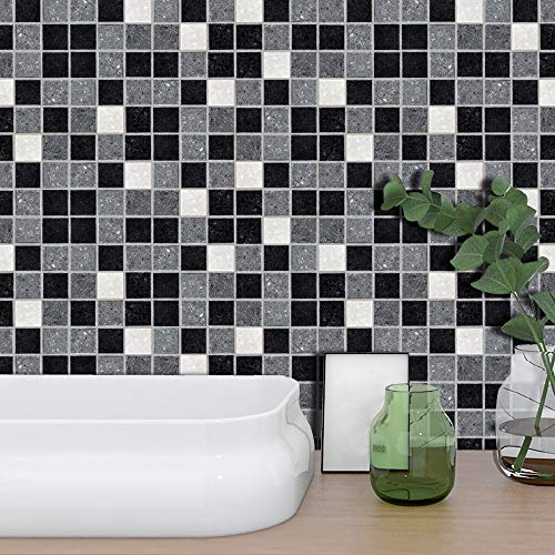 BuerHomie Fliesenaufkleber Basic, Kariert Schwarz Grau Weiß, Fliesen Folie Selbstklebend für Bad und Küche Wand Dekoration (10x10cm)