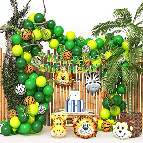 Dschungel Geburtstag Dekoration,Jungle Safari Party Luftballons Girlande Kit mit Palmblättern Tierballons Happy Birthday Banner,Kindergeburtstag Ballon Deko Babyparty Dekorationen Safari Party Deko