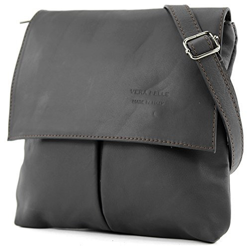 modamoda de T63 Damen Nappaleder Umhängetasche Schultertasche handmade in Italy, Farbe:Graubraun2021