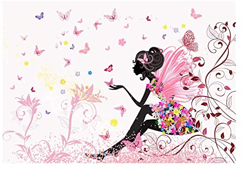 Fototapete Mädchen Fee Kinderzimmer Rosa Blumen Schmetterlinge Wandtapete Vlies Tapete Latexdruck UV-Beständig Montagefertig (104x70 cm)