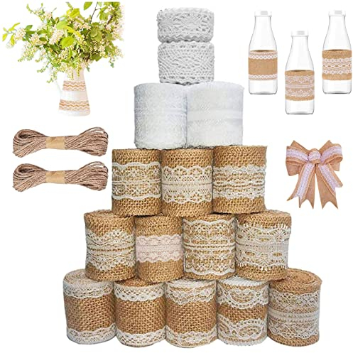 16 Roll Juteband Spitzenband, Jute Band Rolle mit Weisse Spitzen, Spitzen Band mit 20m JuteSchnur, Jute Band Rolle, Juteband mit Spitze für Geschenkverpackung, Handwerk Hochzeit, DIY Basteln