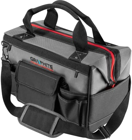GRAPHITE Mittlere Werkzeugtasche, Fassungsvermögen 18,5 l | Ausgestattet mit 8 Innentaschen, 2 inneren Werkzeughaken, 7 Außentaschen. Hergestellt aus Polyester