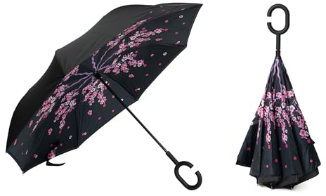 Braty Decorations Seitenverkehrter Stockschirm, Innovativer Doppelschichtiger Regenschirm Mit C-förmigem Griff - Sakura