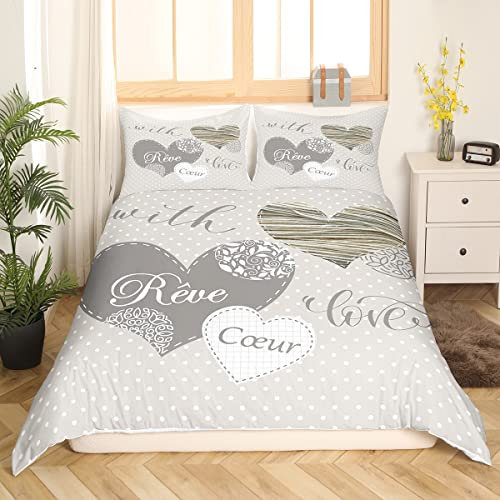 Love Decor Housse de Couette Microfibre Gris Kaki Coeur et Polka Dots - 200x200 cm 2 Taies d'Oreiller pour Couples