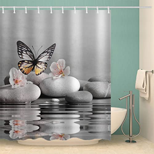 MOXINO Zen Duschvorhang Anti-Schimmel 180x200 cm Polyester Stoff Textil Waschbar Badewanne Badvorhang 3D Stein Schmetterling Shower Curtain Wasserdicht Badezimmer Vorhänge mit 12 Haken