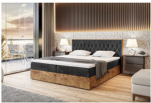 MEBLINI Boxspringbett mit Bettkasten - Gepolstert Doppelbett mit Matratze und Topper - Polsterbett mit Stauraum - Bett mit Kopfteil - Stauraumbett - Lofty 6-140x200 - H3/Schwarz Samt