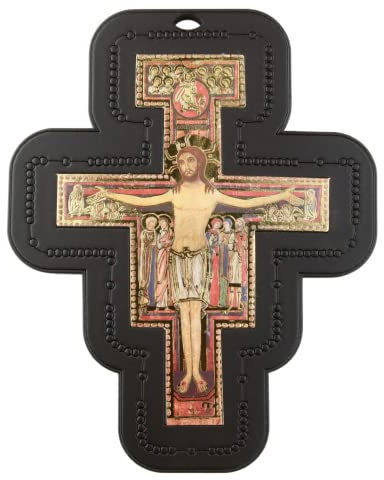 Needzo San Damiano Kreuz aus dunklem Holz mit Details, kleines Kruzifix zum Aufhängen für Zuhause, Büro und mehr, 11,4 x 8,9 cm