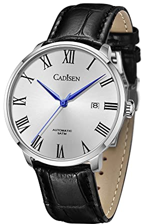 CADISEN Automatik Uhr Herren Mechanische Automatikuhr Echtes Lederband wasserdichte Freizeituhr für Männer (Weiß)