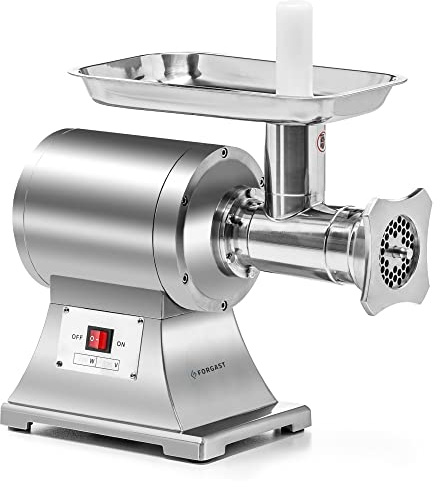 Forgast Tritacarne Elettrico Professionale Acciaio Inox, Macchina per Salsicce, Capacità 220-250 kg/h, Set di 2 Setacci con Maglie da 6, 8mm e Coltello di Ricambio, Interno in Ghisa