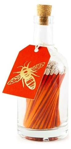 Orange Gold Bee Long Matches in Glass Bottle, Luxury Giant White Tipped Coloured Large Bottled Matchsticks, Fireside Housewarming Gift