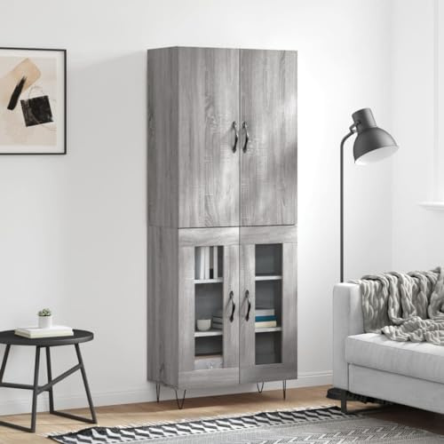 Gecheer Buffet Haut Sonoma Gris 69,5x34x180 cm Bois d'ingénierie, Meuble de Rangement avec 2 Portes vitrées Armoire Commode de Cuisine pour Salon, Chambre à Coucher, Entrée