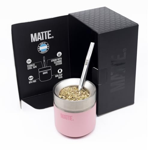 Matte - Juego de tazas mate, taza de calabaza yerba mate (6.5 onzas) y bombilla (pajita de yerba mate). Acero inoxidable, doble pared, diseño elegante. Caja DS PRO (rosa)