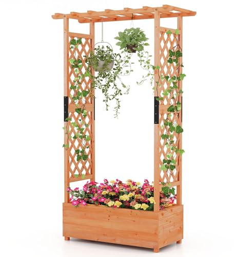 HOMASIS Jardinière avec 2 Treillis & Etagère de Toit, Lit de Jardin Surélevé en Bois avec Trous de Drainage, Bac à Fleurs pourpour Plantes Grimpantes, Légumes, Fleurs, Herbes (Orange)