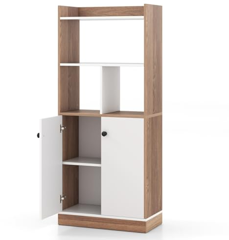 GOPLUS Buffet Haut Salon Cuisine, Bibliothèque Moderne à 3 Niveaux avec Etagères Ouvertes, Armoire à Double Porte, pour Salon, Chambre, Bureau, Cuisine,60 x 30 x 140 cm (avec Base)