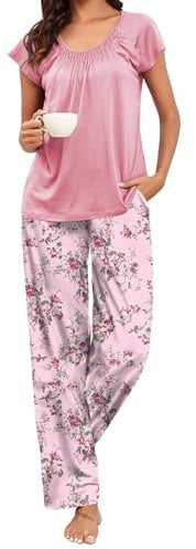 Famulily Ladies’ Pyjamas Loungewear Sleepwear Casual Soft Printed Short Sleeve Loose Floral Pjs Pink S
