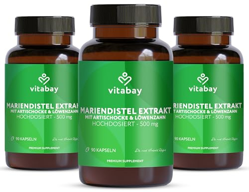Vitabay Mariendistel-Artischocke-Löwenzahn Komplex – 270 vegane Kapseln | hochdosiert mit 250 mg Mariendistel-Extrakt & Artischockenextrakt