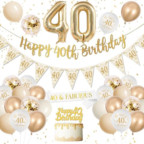 40 Geburtstag Deko, Deko 40. Geburtstag Frauen, Luftballon 40. Geburtstag Weiß Gold, Happy Birthday Banner, Riesen Folienballon Zahl 40 Konfetti Ballon Cake Topper für 40 Geburtstag Frauen Deko
