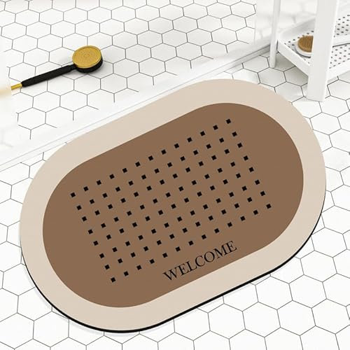 Badezimmerteppich 40X60Cm Braune Ellipse Badteppich rutschfest Waschbar,Duschvorleger Schnelltrocknend,Stein Badematte,Diatomite Stone Bath Mat,Super Absorbierende Badvorleger