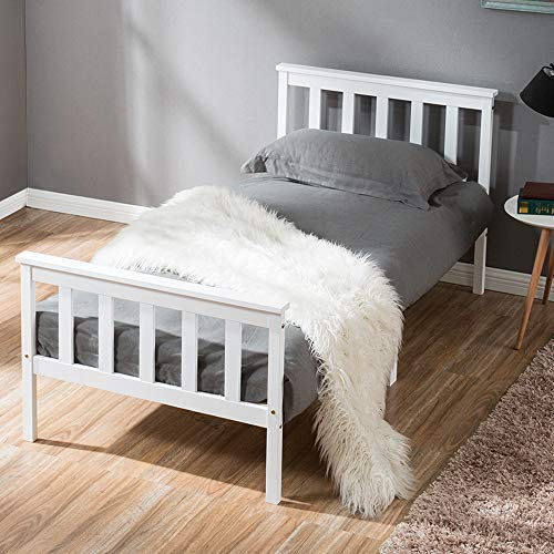IANIYA Single Bed Frame, White Wooden Single Bed with Upgraded Thickened Slats, Eco-Friendly Paint, Sturdy Pine Wood Construction.