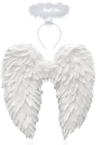 Alas de Ángel Disfraz,Plumas Ángel Alas,Alas Angel Grandes para Adultos,Alas Angel Niños,Alas de Angel Blancas,Alas y Halo de Ángel,Plumas para Cosplay/Carnaval/Navidad/Halloween Fiestas de Disfraces