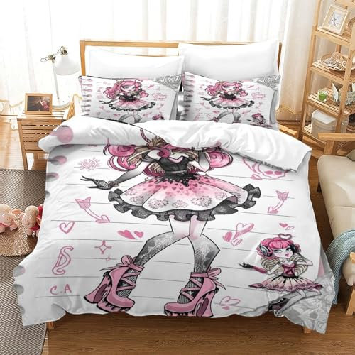 GDEKCIEAS Monster High Mädchen Junge Kinder Bettbezug Set 3D Gedruckter Animierte Figuren Bettwäschegarnitur Bettwäsche Reissverschluss Und Kissenbezüge Weich Microfaser 3 Teilig Single(140x200cm)