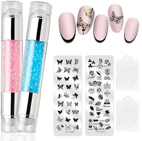 2 Stück Nagelstempel mit 2 Stück Zufällige Nagel Stempel Nageldesign, Nail Art Nagel Stempel, Klare Silikon Nail Stamp, Nagel Stempelset, Nageldesign für FranzöSische ManiküRe Diy Nail