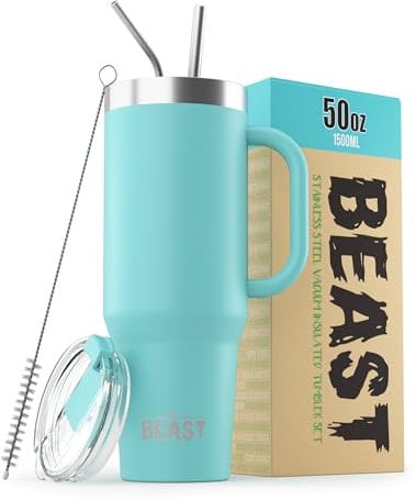Beast Gobelet isotherme à double paroi en acier inoxydable pour café, glace - 1400 ml - Bleu turquoise