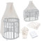 Waldin Oval Baby-Bett Mitwachsend Komplett Set 7in1, Gitterbett, Kinderbett mit Matratze, Wickelkommode, Beistellbett, Holz Grau, Stoffe Champagner Löwenzahn