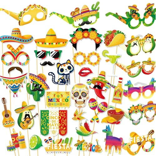 Qpout 30PCS Mexikanische Fiesta Foto-Props mit 8 Pappbrillen, Mexikanische Karnevalsparty-Dekoration, Selfie-Props, Mai-Fest-Zubehör für Cinco de Mayo, Geburtstag, Festival, Feier, Themenparty
