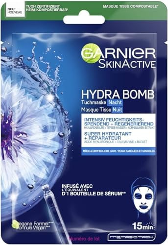 Garnier Tuchmaske Nacht, Gesichtsmaske für müde und empfindliche Haut, Regenerierend und feuchtigkeitsspendend, Mit Hyaluronsäure, Tiefesswasser und Kornblumen-Extrakt, Hydra Bomb, 28 g
